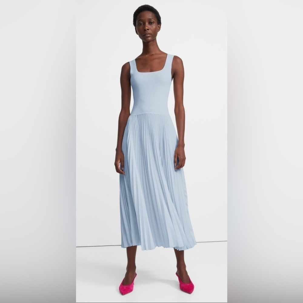 Theorypleated Square-Neck Ribbed Midi Dress Blue Large